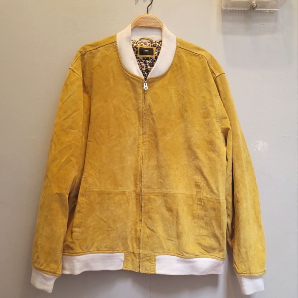 Obey Men's Suede Leather Bomber Jacket Clifton Lemon Size XXL Shepard Fairey